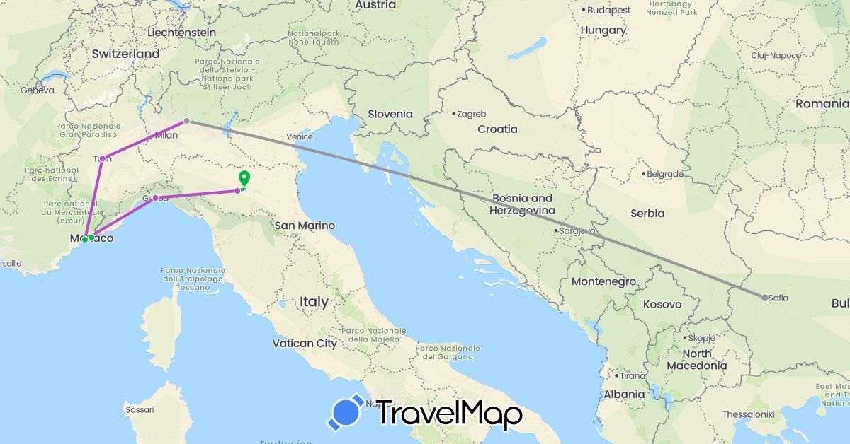 TravelMap itinerary: driving, bus, plane, train in Bulgaria, France, Italy, Monaco (Europe)